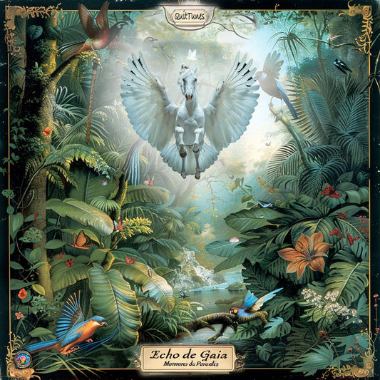 Un jaquette de CD avec Un paysage magnifique, magique et mystique avec beaucoup d'animaux dans la jungle, des cascades, des fleurs, des gens qui ressemblent à des anges, des rayons de soleil brillant à travers un arc-en-ciel orange dans leurs yeux, des oiseaux qui volent autour d'eux. L'image est très détaillée et hyper réaliste pour decrire le paysage sonore de cette musique pour arreter de fumer en musique .